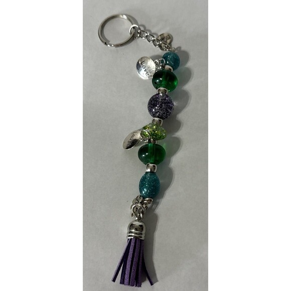 Handmade Epoxy Resin Key Chain Or Purse Charm Green Purple Blue Glitter Beads - Picture 5 of 7